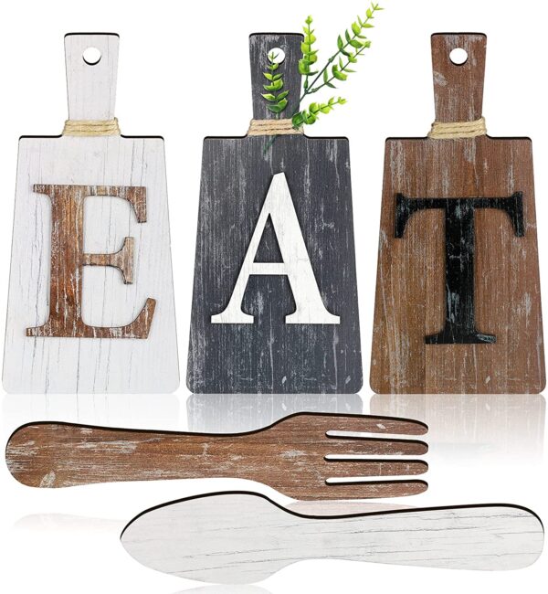 Cutting Board Eat Sign Set Hanging Art Kitchen Eat Sign Fork and Spoon Wall Decor Rustic Primitive Country Farmhouse Kitchen Decor for Kitchen and Home Decoration