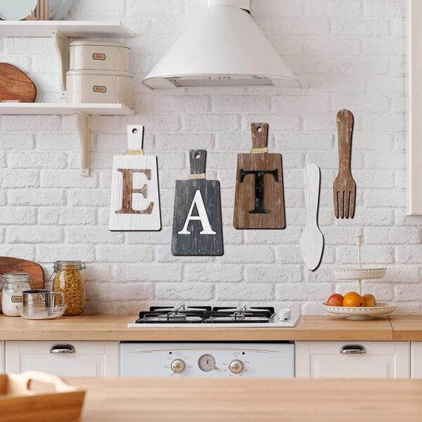 Cutting Board Eat Sign Set Hanging Art Kitchen Eat Sign Fork and Spoon Wall Decor Rustic Primitive Country Farmhouse Kitchen Decor for Kitchen and Home Decoration - Image 3